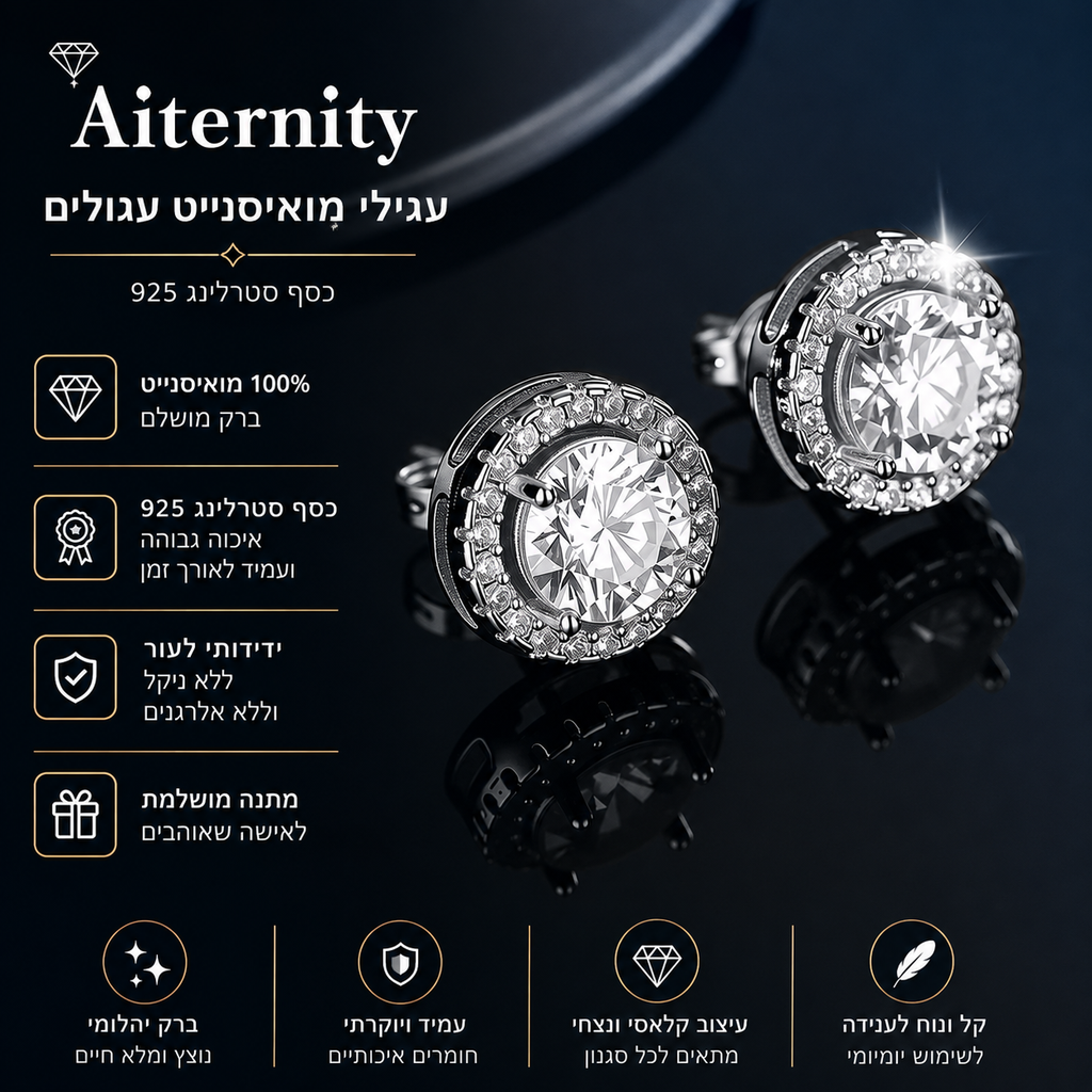 עגילי מואיסנייט צמודים לנשים מכסף S925 בציפוי פלטינה – D VVS1