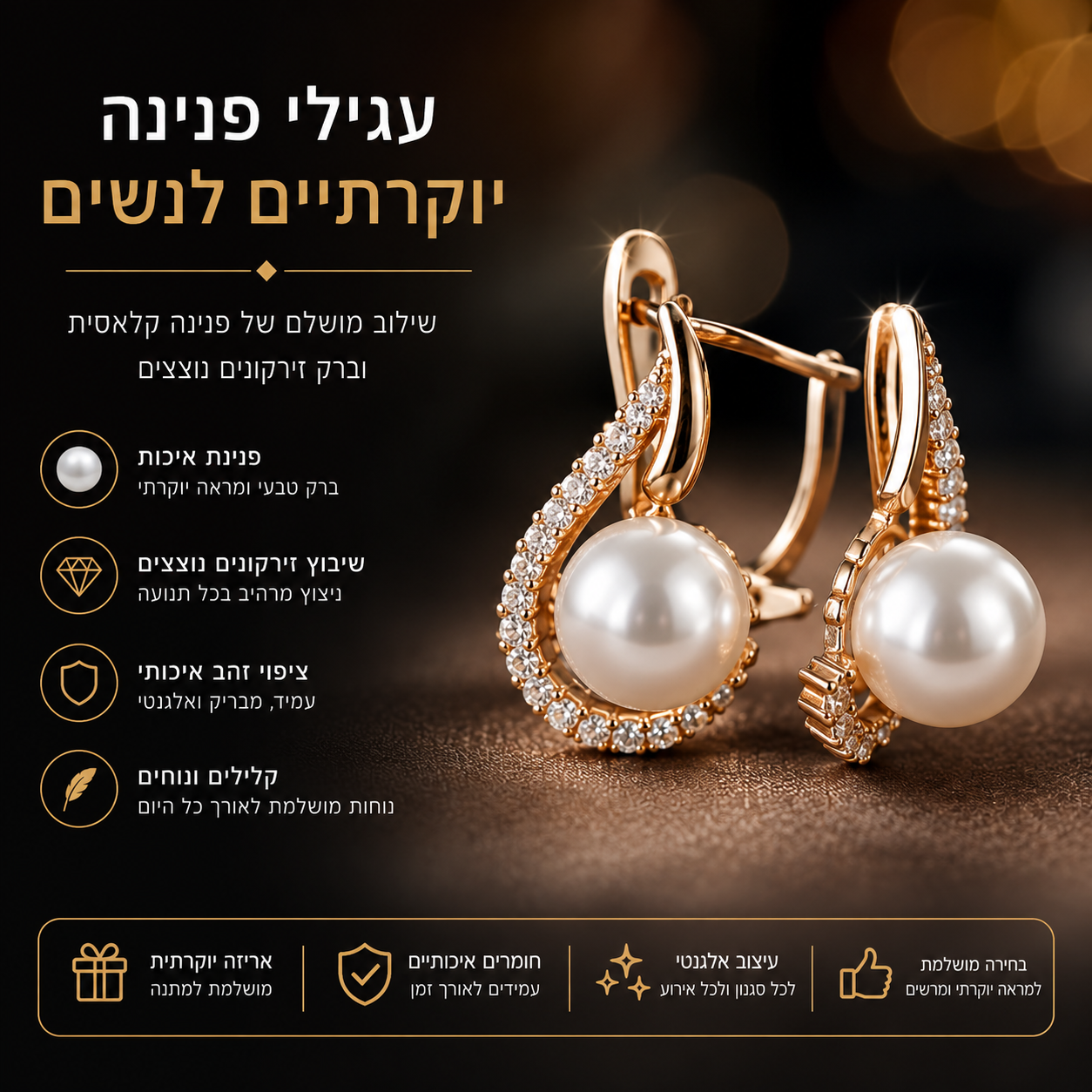 עגילי פנינה אלגנטיים לנשים בגוון זהב, משובצים באבני זירקון נוצצות